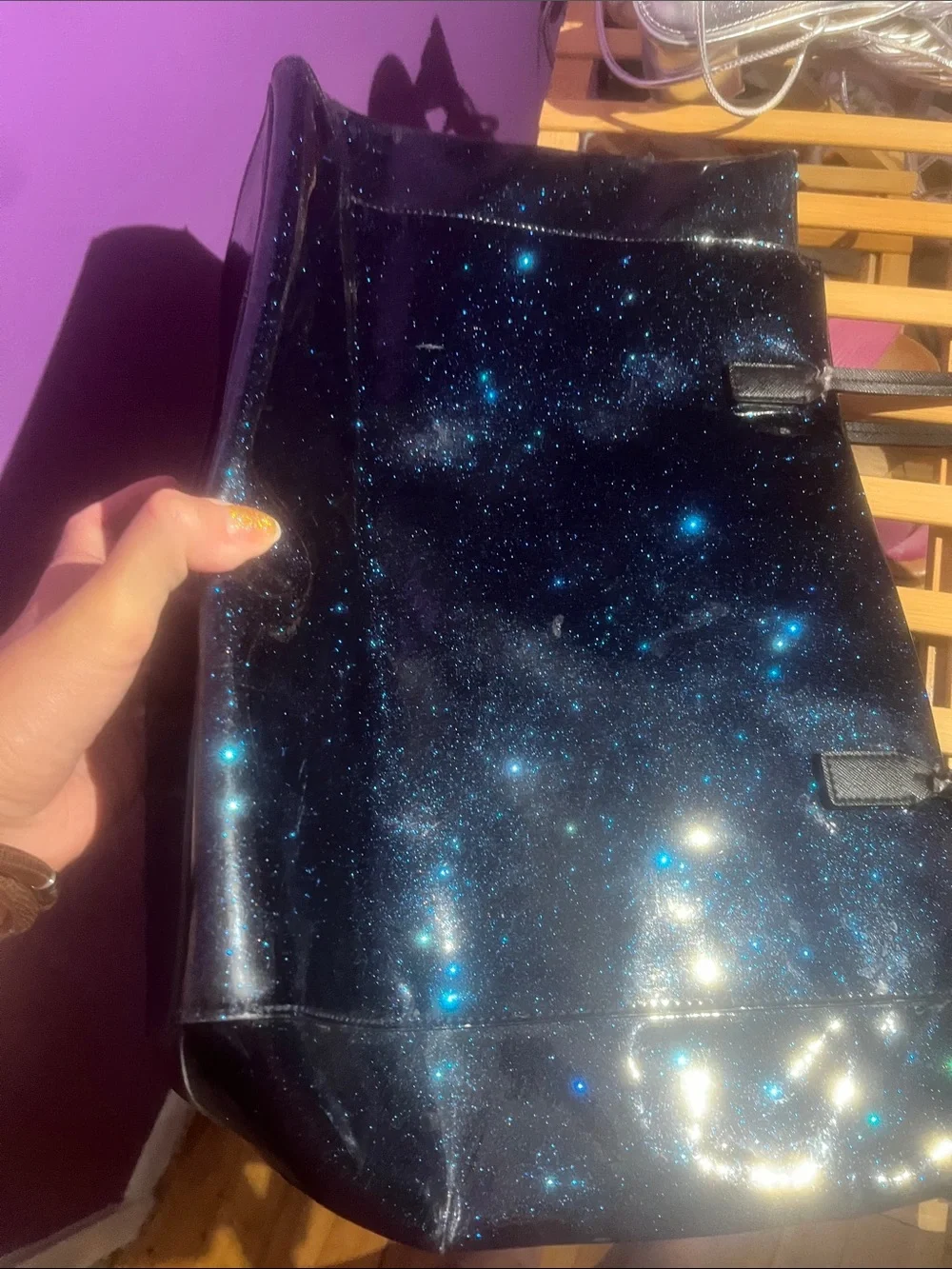 kate spade Sparkly Blue Galaxy Tote with Black bow and strap